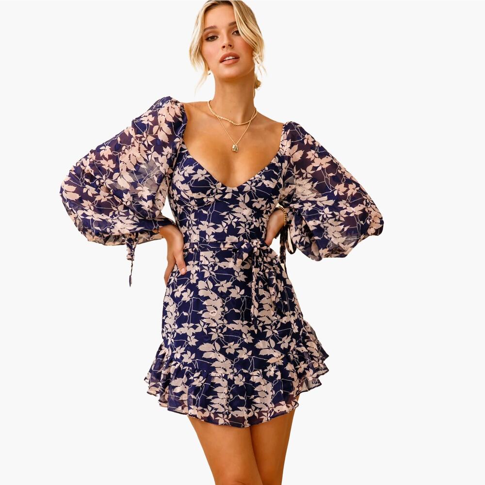Petal & Pup Navy and Blush Floral Puff-Sleeve Mini Dress